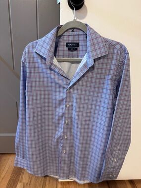 Nautica Men’s Blue and Red Plaid Button-Up Dress Shirt